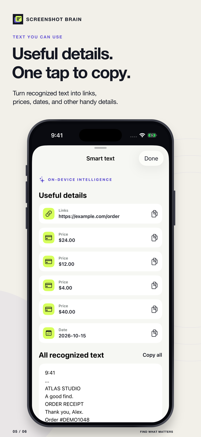 Copying useful details recognized in a screenshot