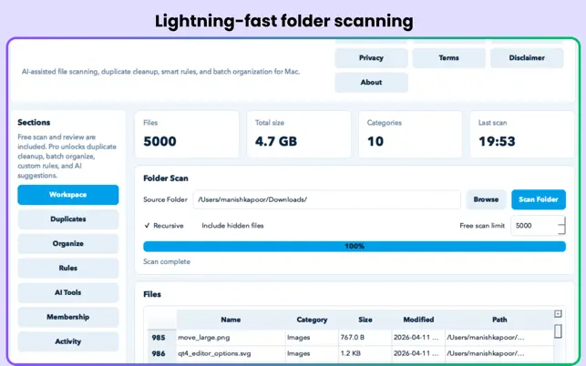 AI File Organizer Pro Mac scan workspace
