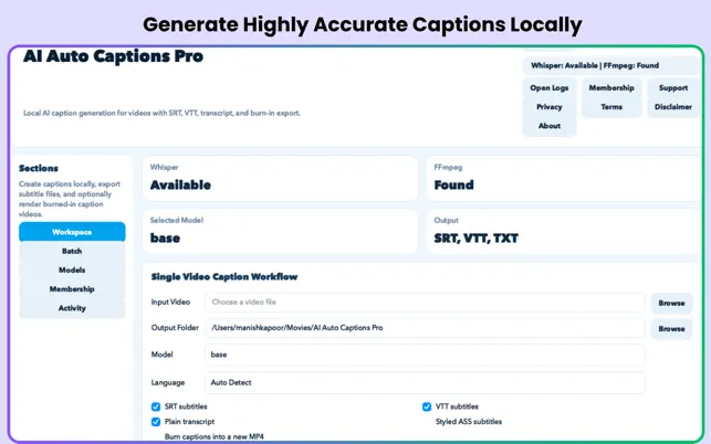 AI Auto Captions Pro Mac video workspace