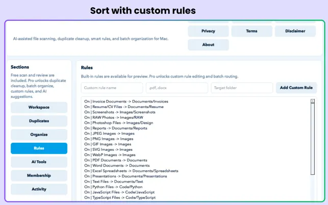 AI File Organizer Pro Mac custom rules