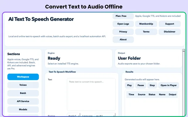 AI Text To Speech Generator Mac voice workspace