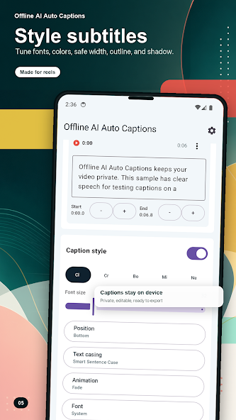 Offline AI Auto Captions export screen