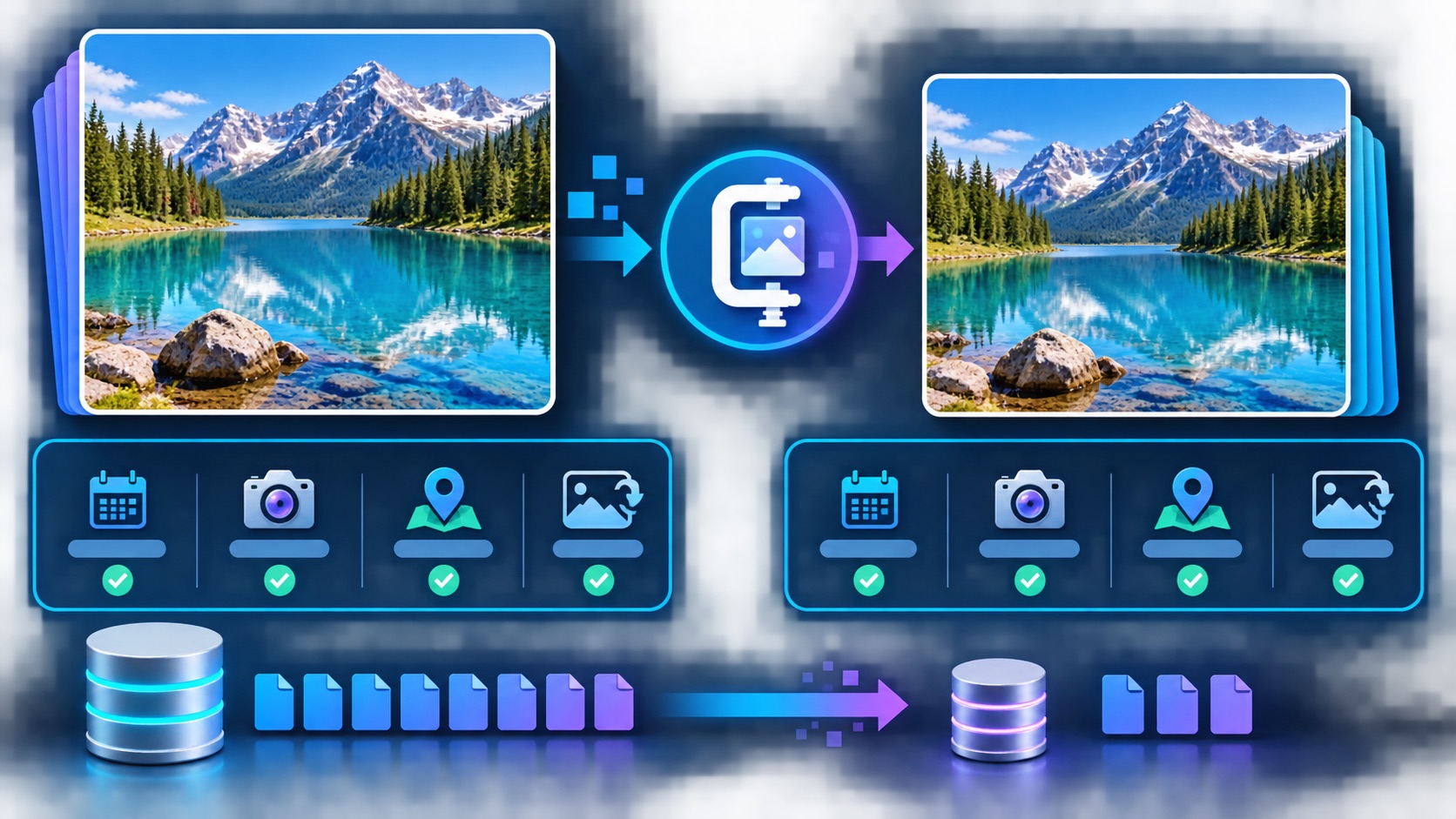 Before and after photo compression with matching date, camera, location, and orientation metadata icons