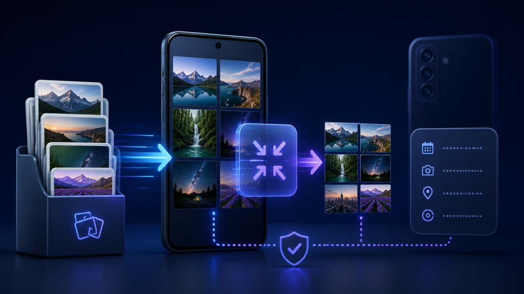 Android phone and photo batch being compressed while capture metadata remains preserved