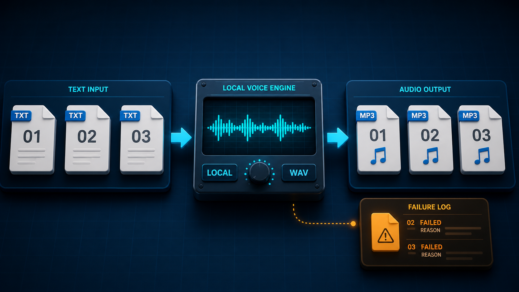 Windows desktop workflow showing numbered TXT files moving through a local voice engine into matching MP3 files