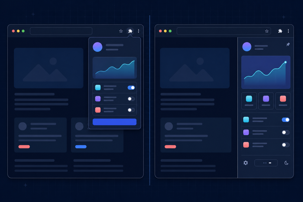 Chrome extension popup and side panel comparison showing quick actions and persistent workflows beside a webpage
