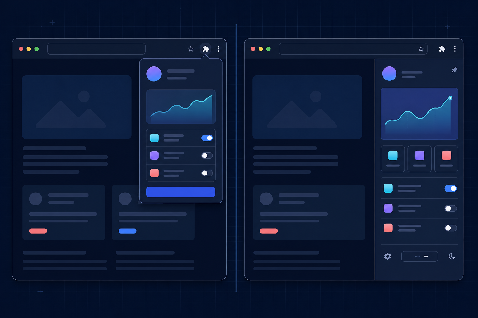 Chrome extension popup and side panel comparison showing quick actions and persistent workflows beside a webpage