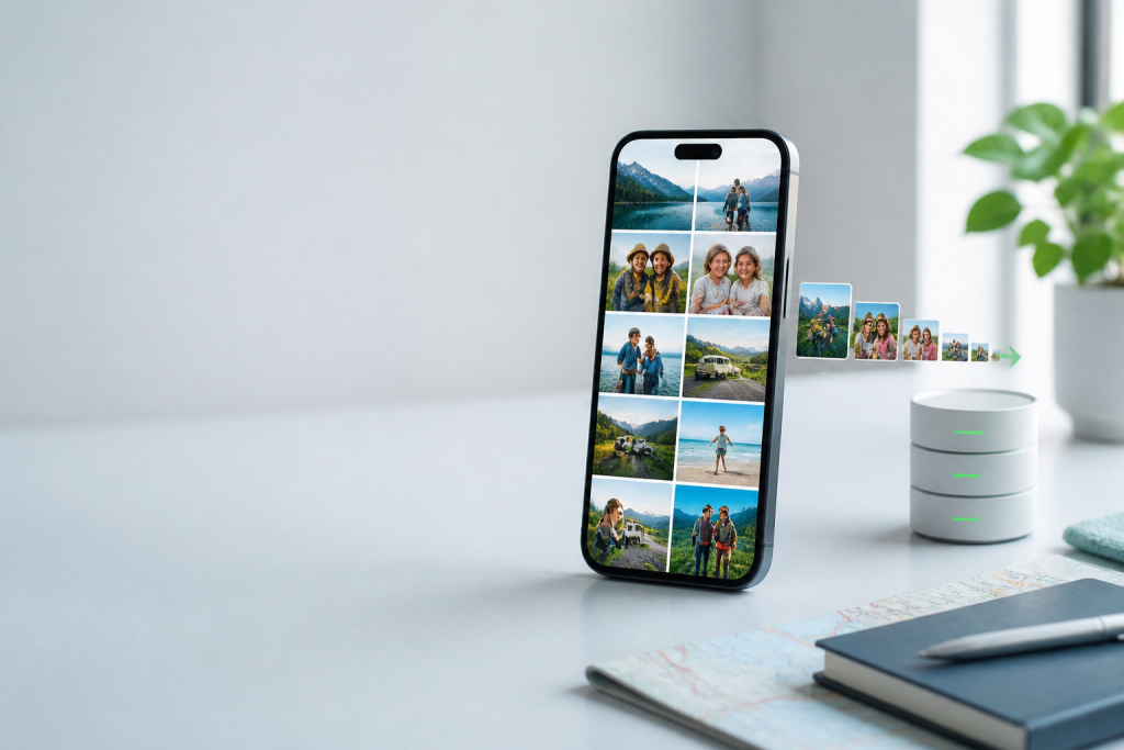 Generic smartphone photo grid sending smaller HEIC photo files to local storage