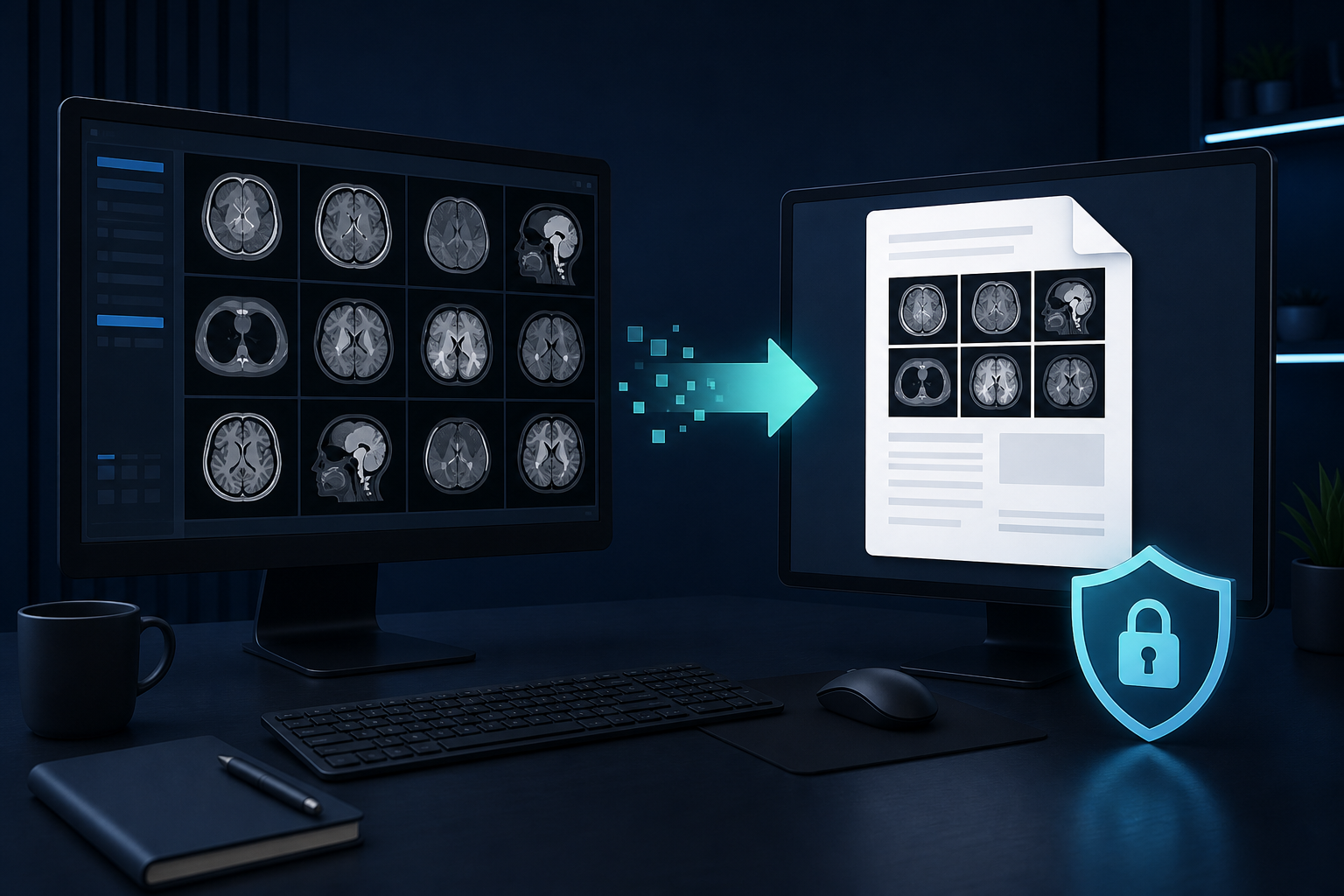 Synthetic DICOM image series being converted to a PDF on a local desktop with a privacy shield