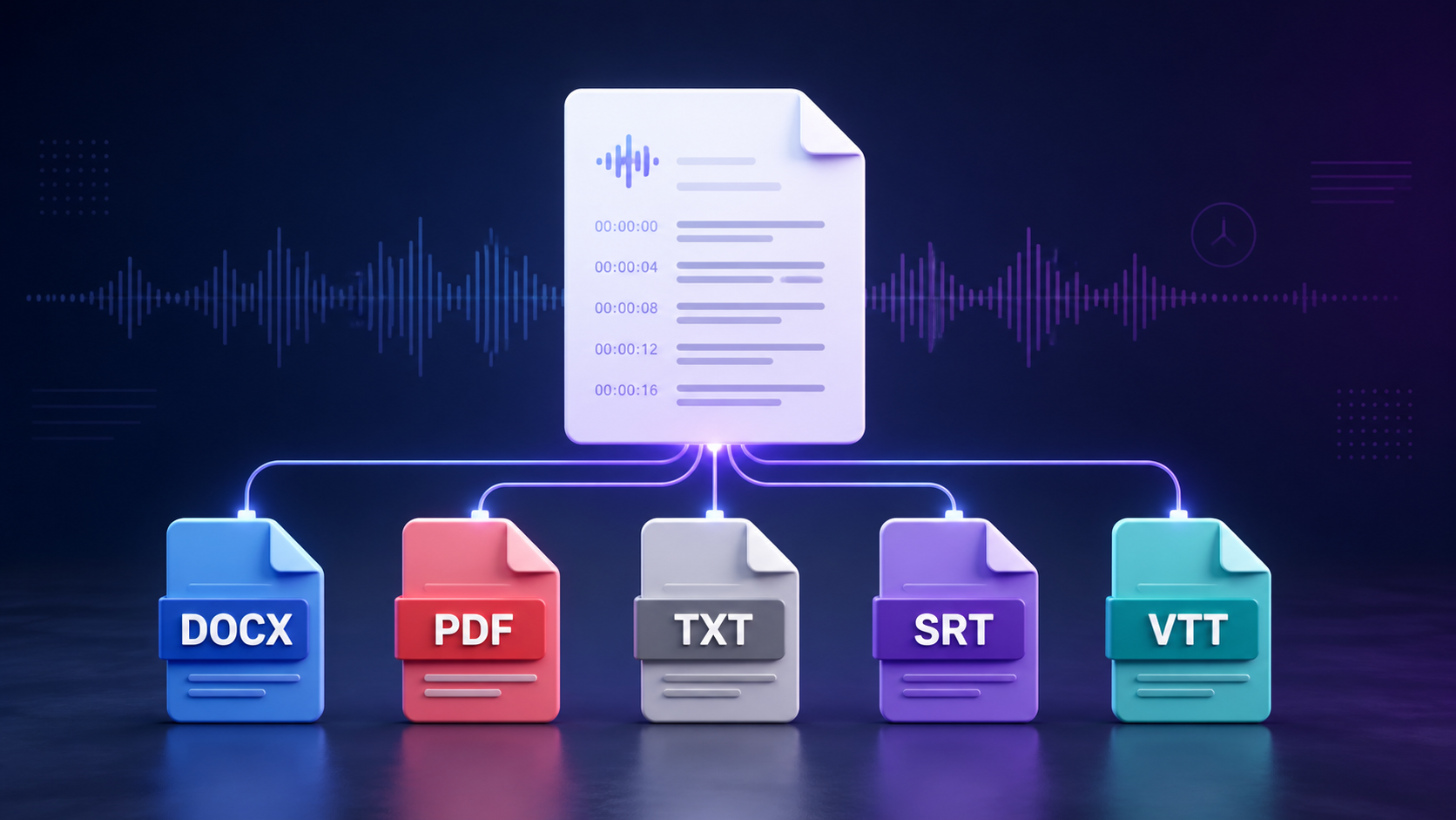 One meeting transcript branching into DOCX, PDF, TXT, SRT, and VTT export files