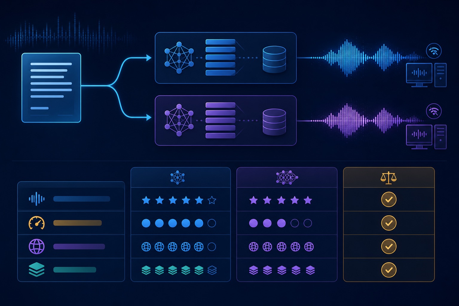 A local text to speech comparison showing the same script going through two model paths and being checked for voice quality, speed, languages, and batch use