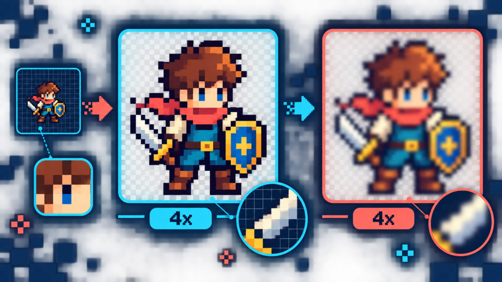 Pixel-art adventurer enlarged with crisp nearest-neighbor blocks beside a blurred smooth resize