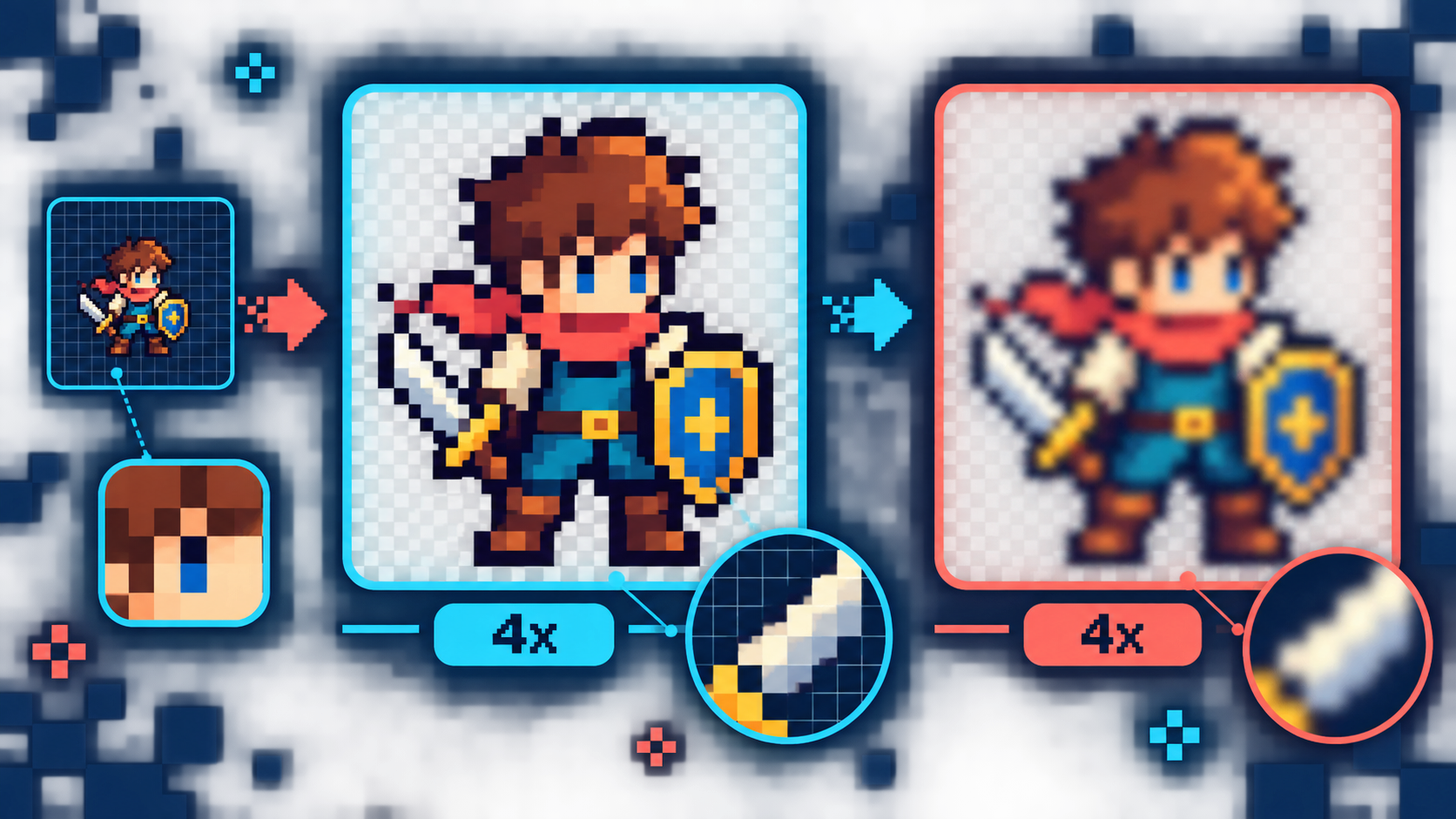 Pixel-art adventurer enlarged with crisp nearest-neighbor blocks beside a blurred smooth resize