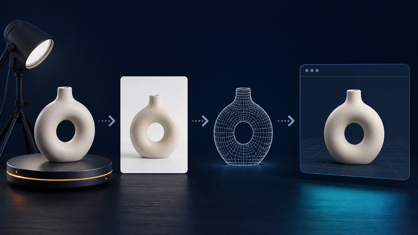 Product photo transforming into a wireframe mesh and a web-viewable 3D object