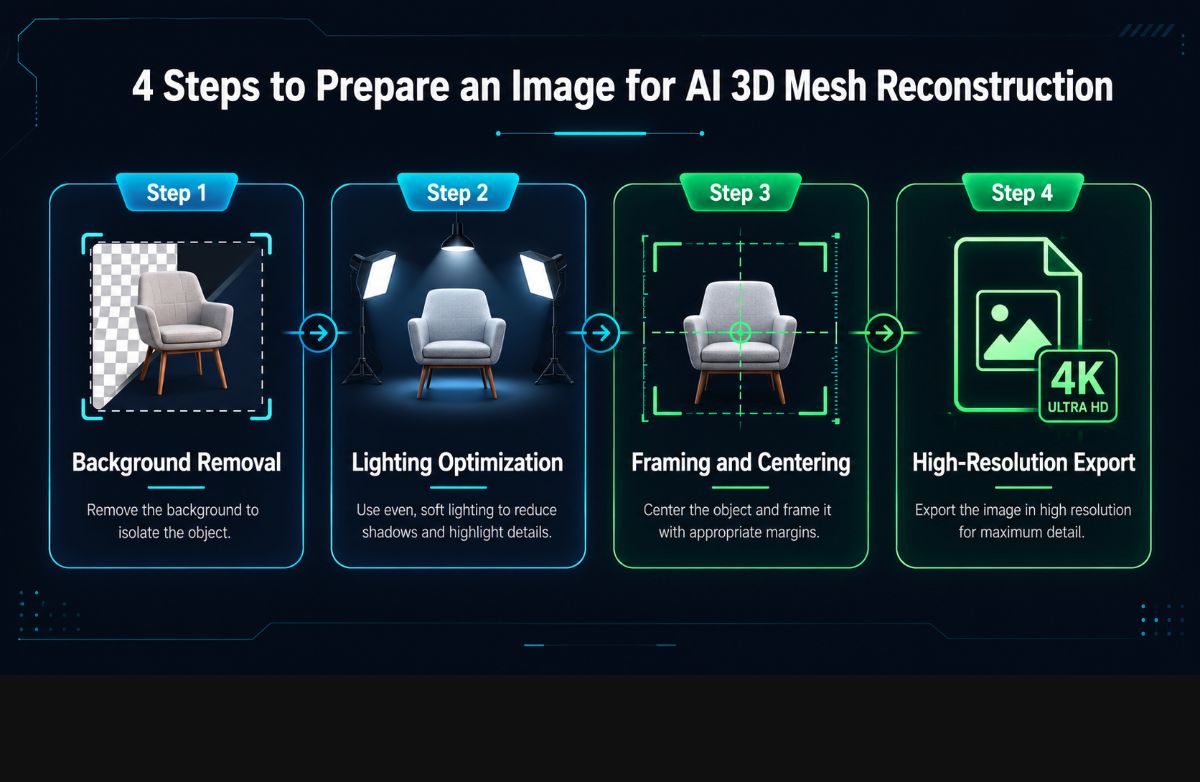 Four-step checklist for image-to-3D reference prep: background removal, diffuse lighting, centering, and high-resolution export