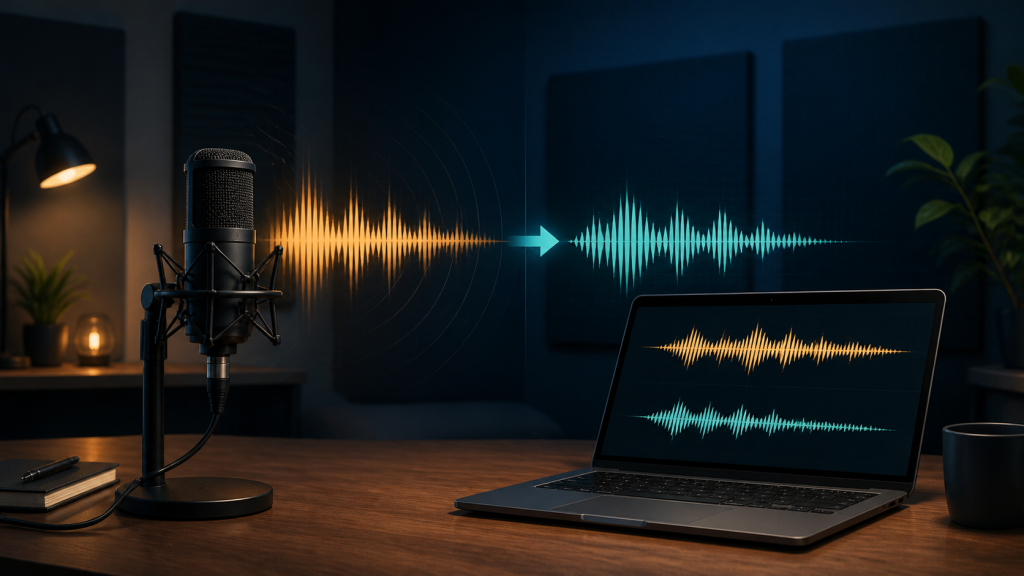 Podcast microphone and laptop waveform showing room echo reduced to a cleaner voice signal