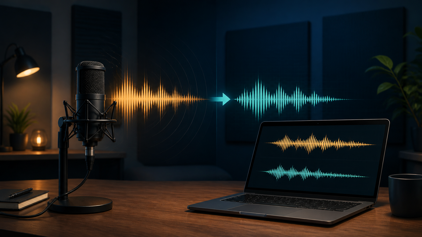 Podcast microphone and laptop waveform showing room echo reduced to a cleaner voice signal
