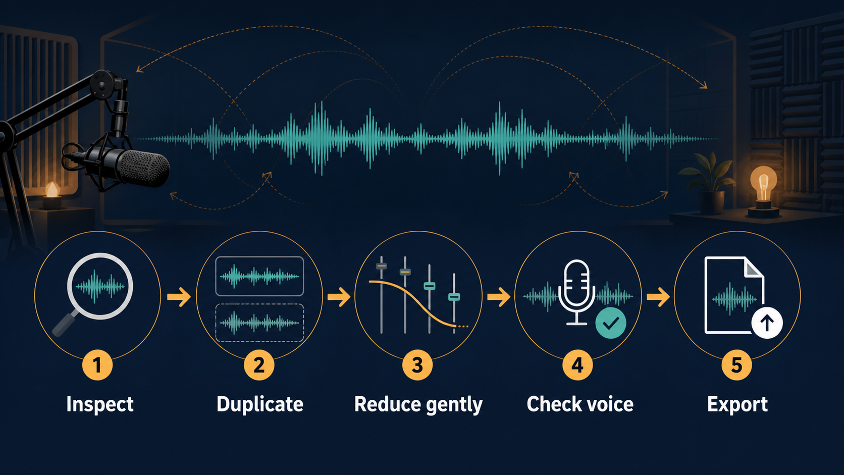 Five-step podcast echo cleanup workflow: inspect, duplicate, reduce gently, check voice, and export