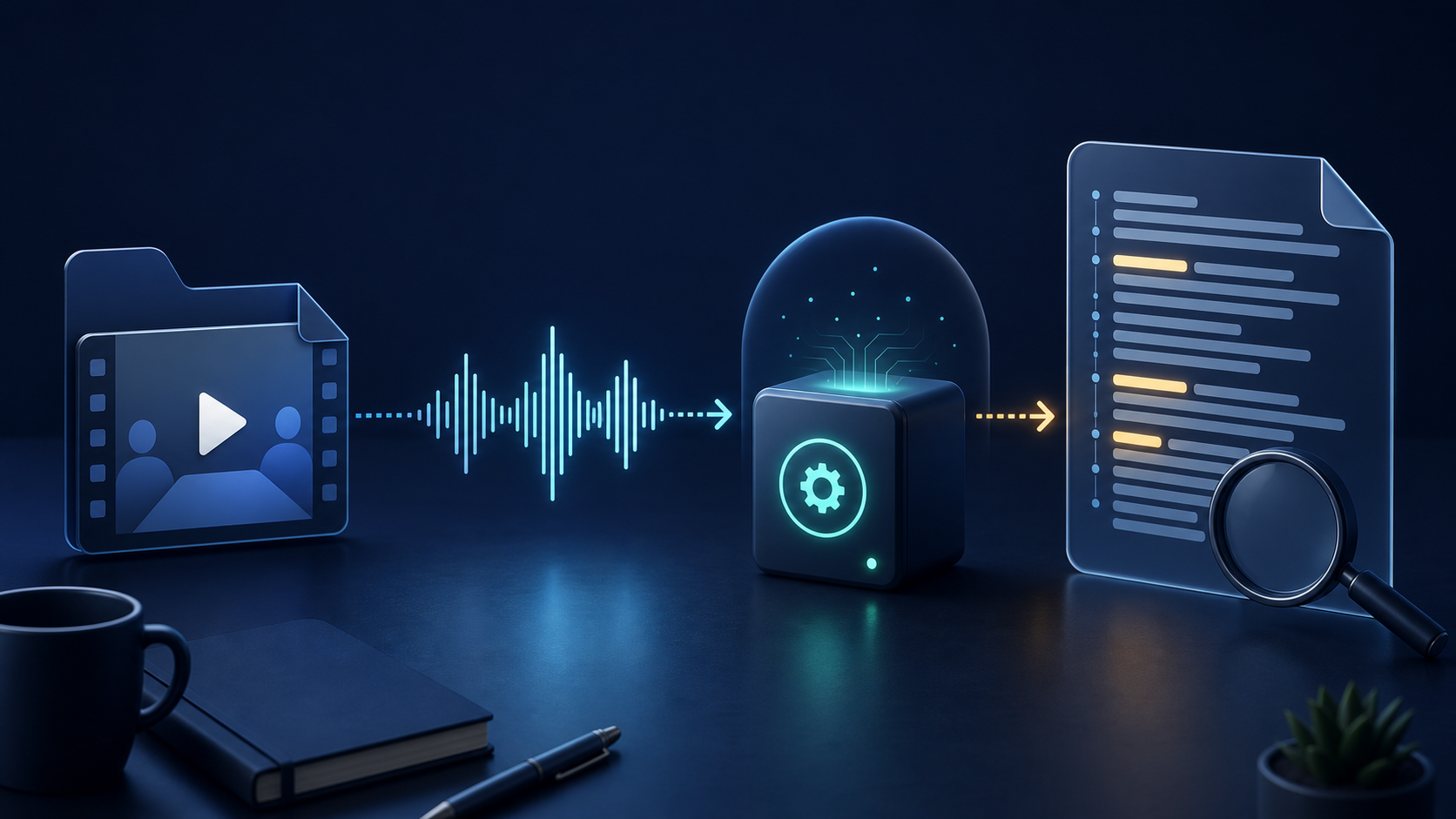 Local workflow showing a meeting recording becoming audio, a transcript, and exported files