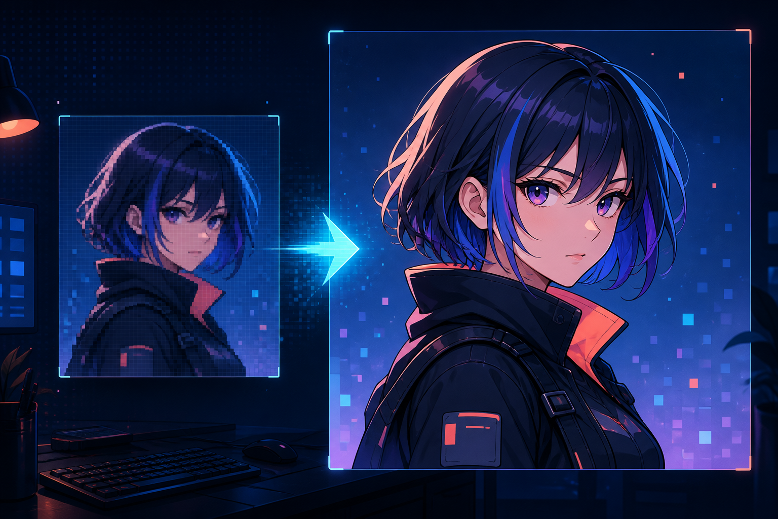 Original fictional anime portrait shown before and after offline 4K upscaling with clean line art