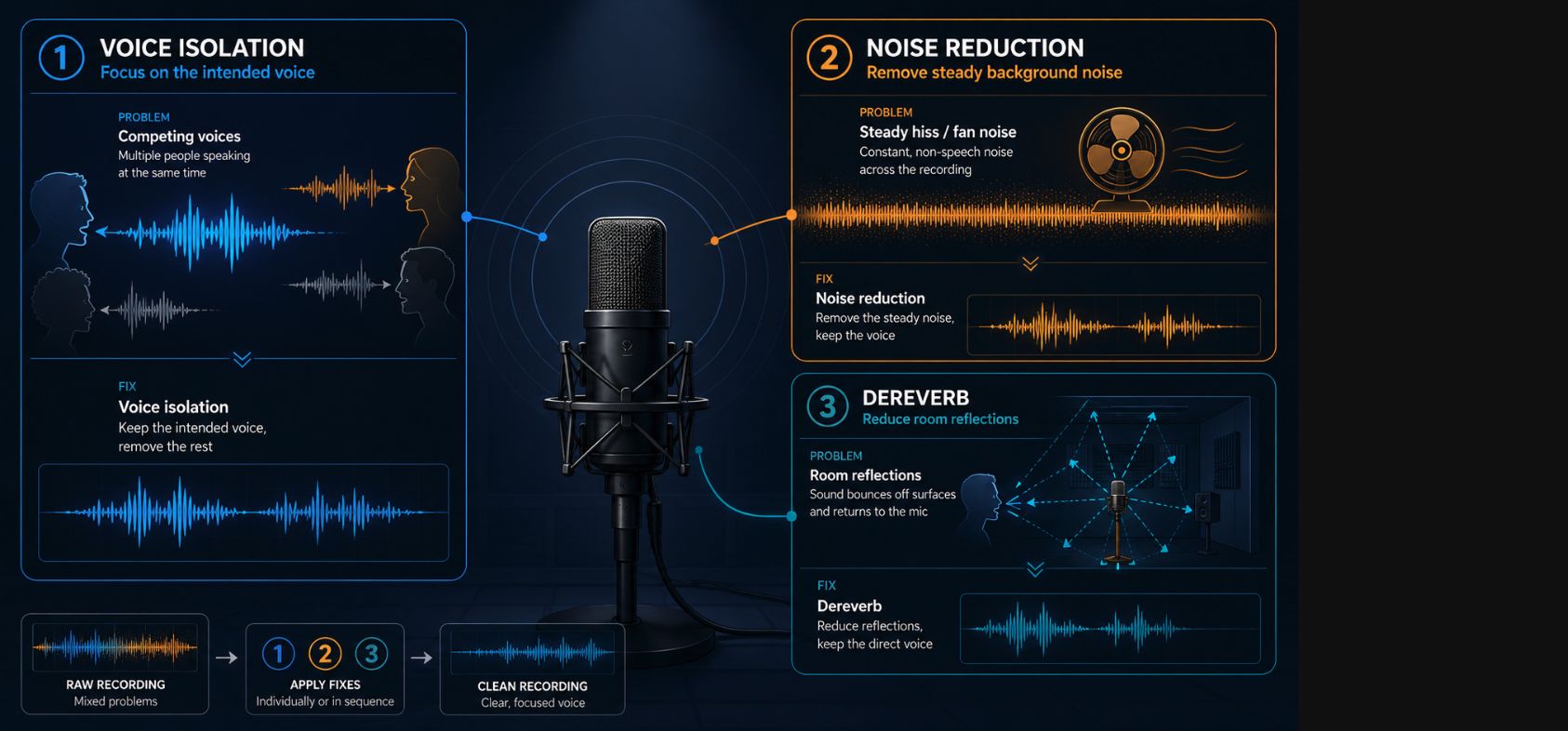 Comparison of voice isolation, noise reduction, and dereverb for podcast audio problems