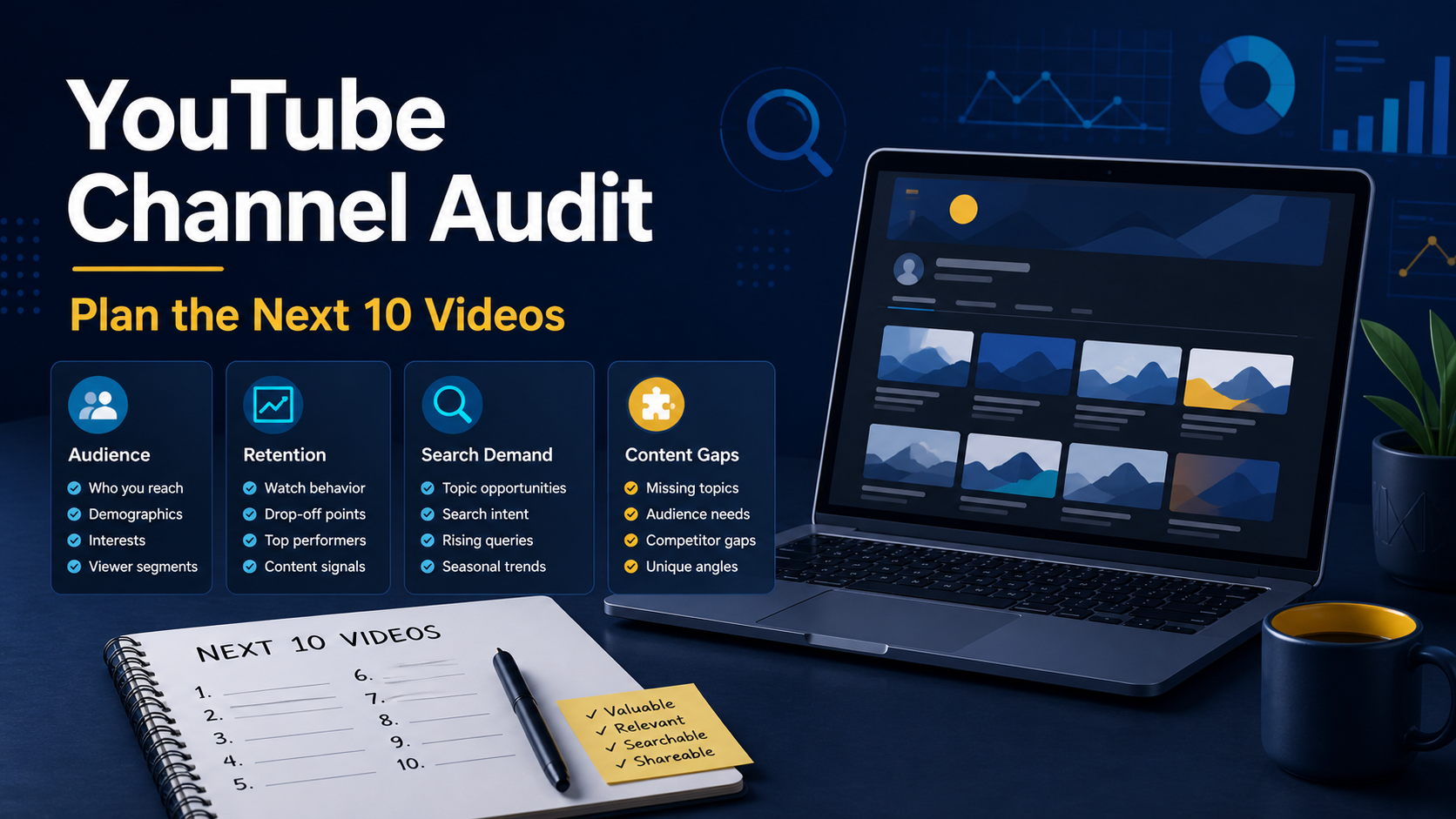 YouTube channel audit workspace showing audience, retention, search demand, content gaps, and a next ten videos plan