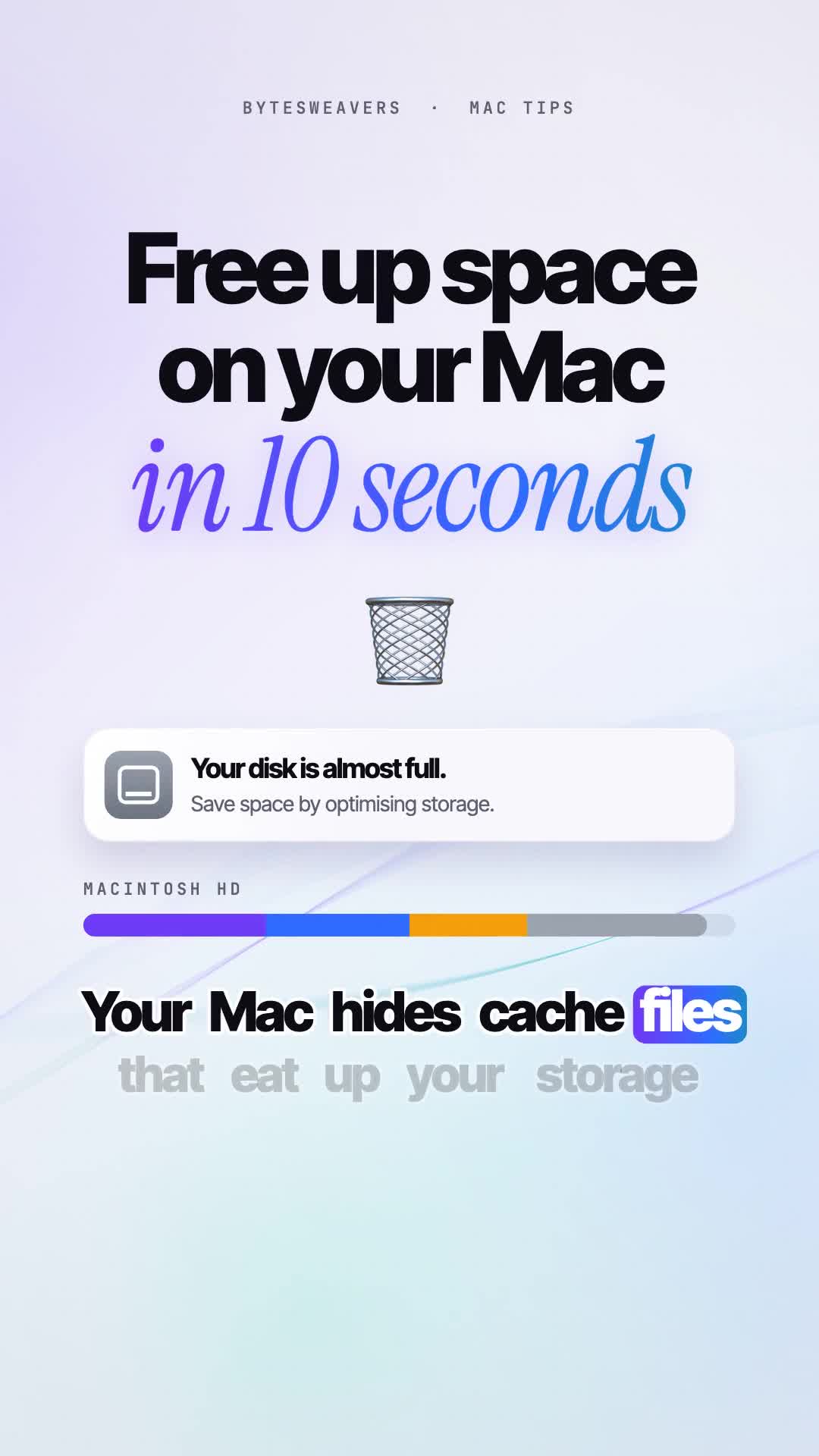 Mac tip card: free up space by clearing hidden cache files