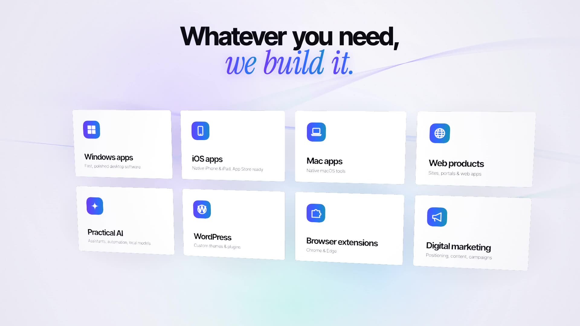 Custom software Bytesweavers builds across Windows, iOS, Mac, web, AI, WordPress, and browser extensions