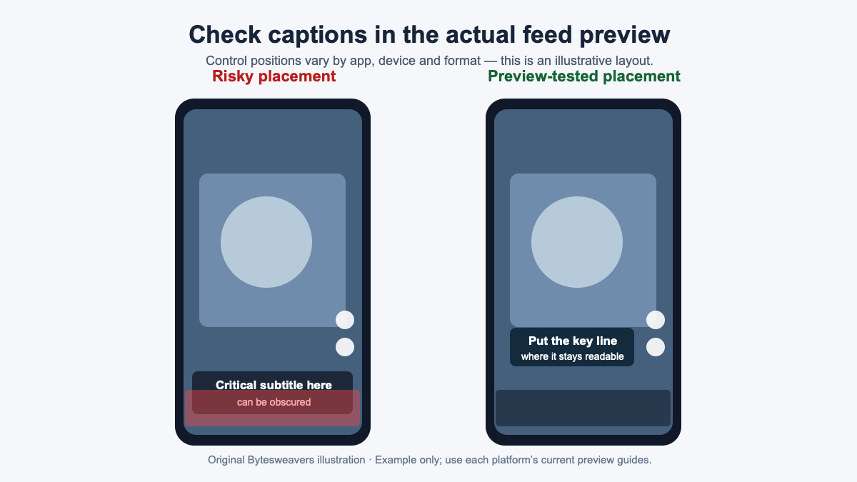 Illustration contrasting captions hidden by vertical-video controls with captions moved into a readable area