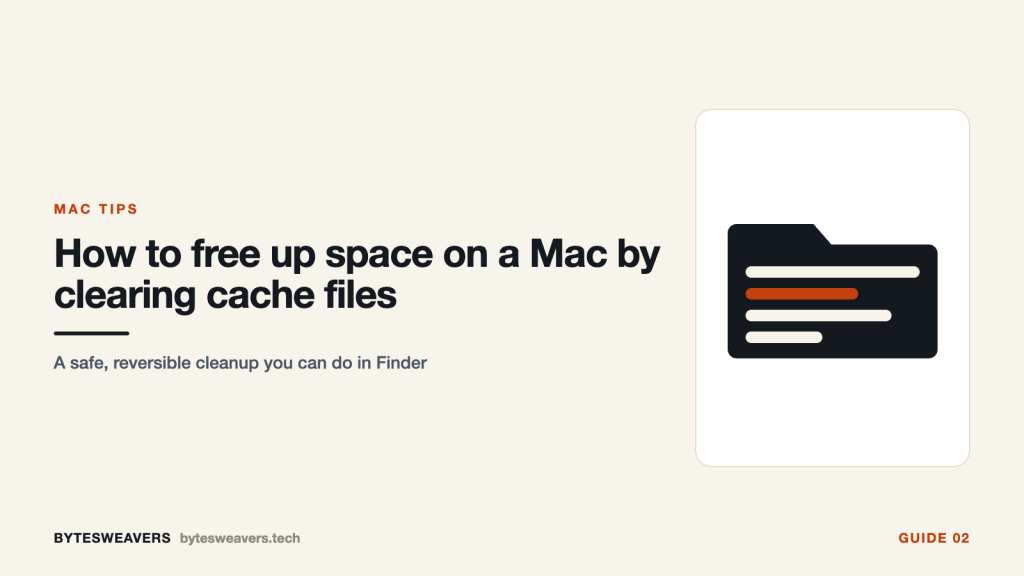 Illustrated folder and storage bar for a guide to clearing Mac cache files