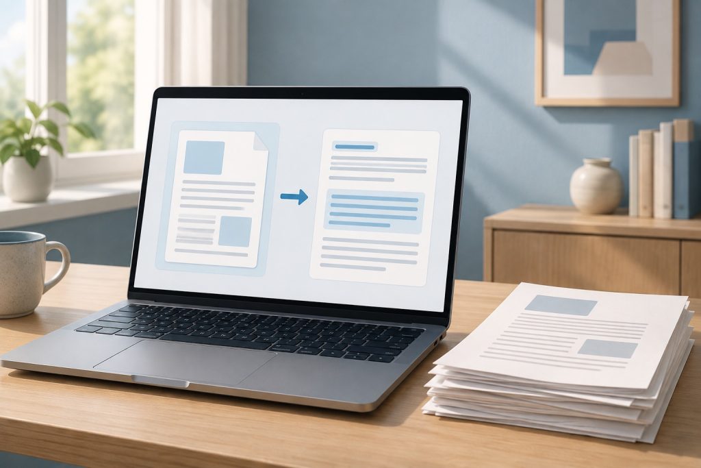 Laptop showing a batch OCR workflow from scanned documents to searchable text