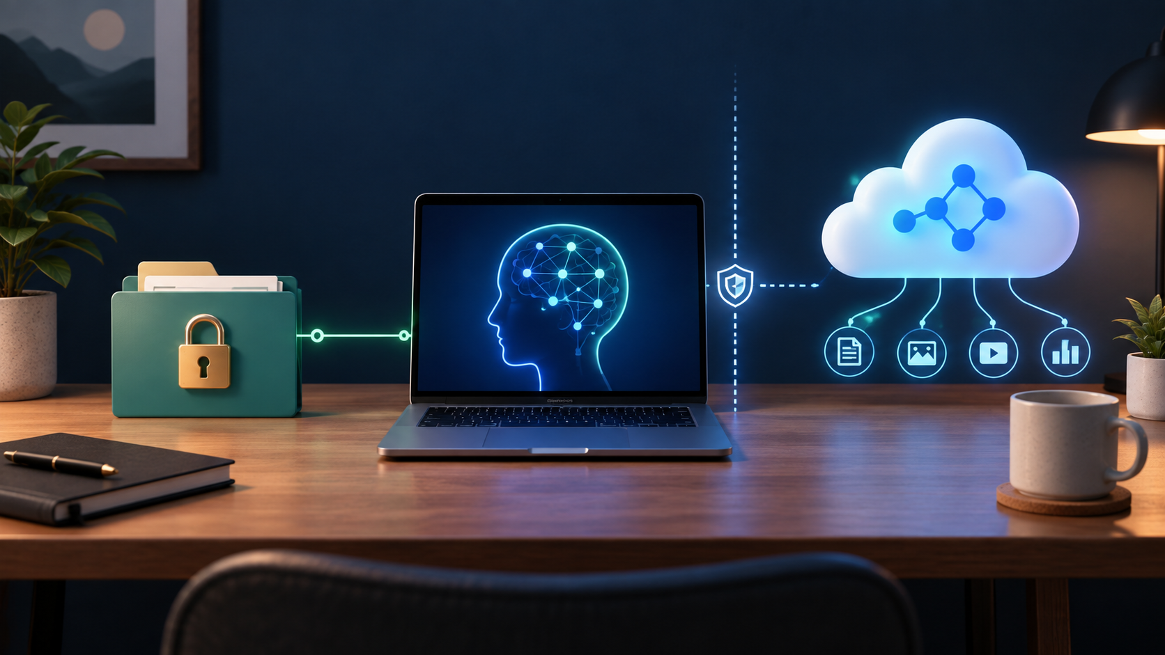 A locked local folder and a cloud separated by a data boundary beside a laptop.