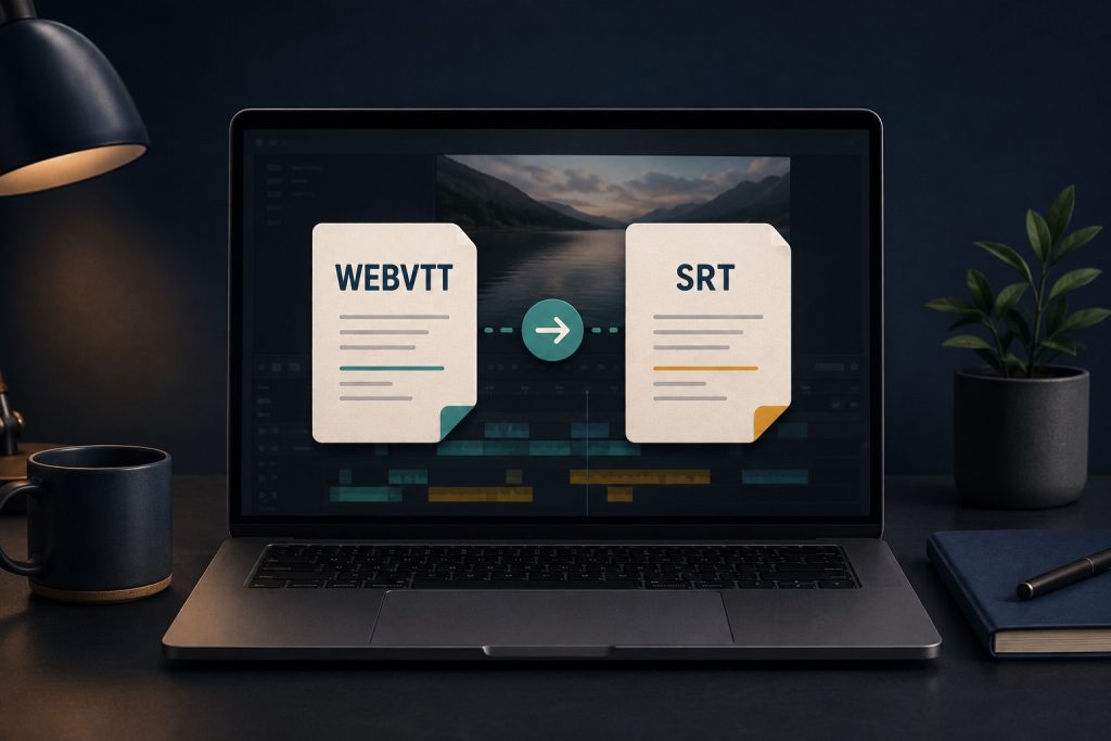 Laptop showing WebVTT and SRT subtitle files in a local conversion workflow