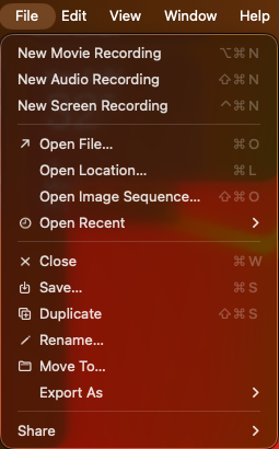 QuickTime File menu with Export As selected