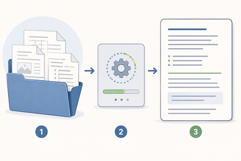 Three stages of a batch OCR workflow from a folder of images to searchable text