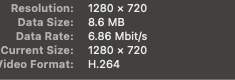 QuickTime Movie Inspector showing H.264 at 1280 by 720