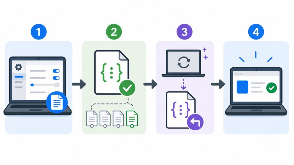 Four-step flow showing Windows app settings saved to versioned JSON, restored, and verified
