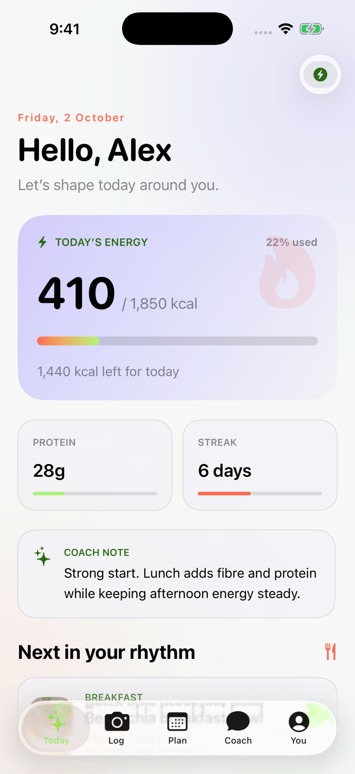 My Diet Plan AI Today tab showing 410 of 1,850 kcal used, 28 grams of protein, a 6-day streak and a coach note