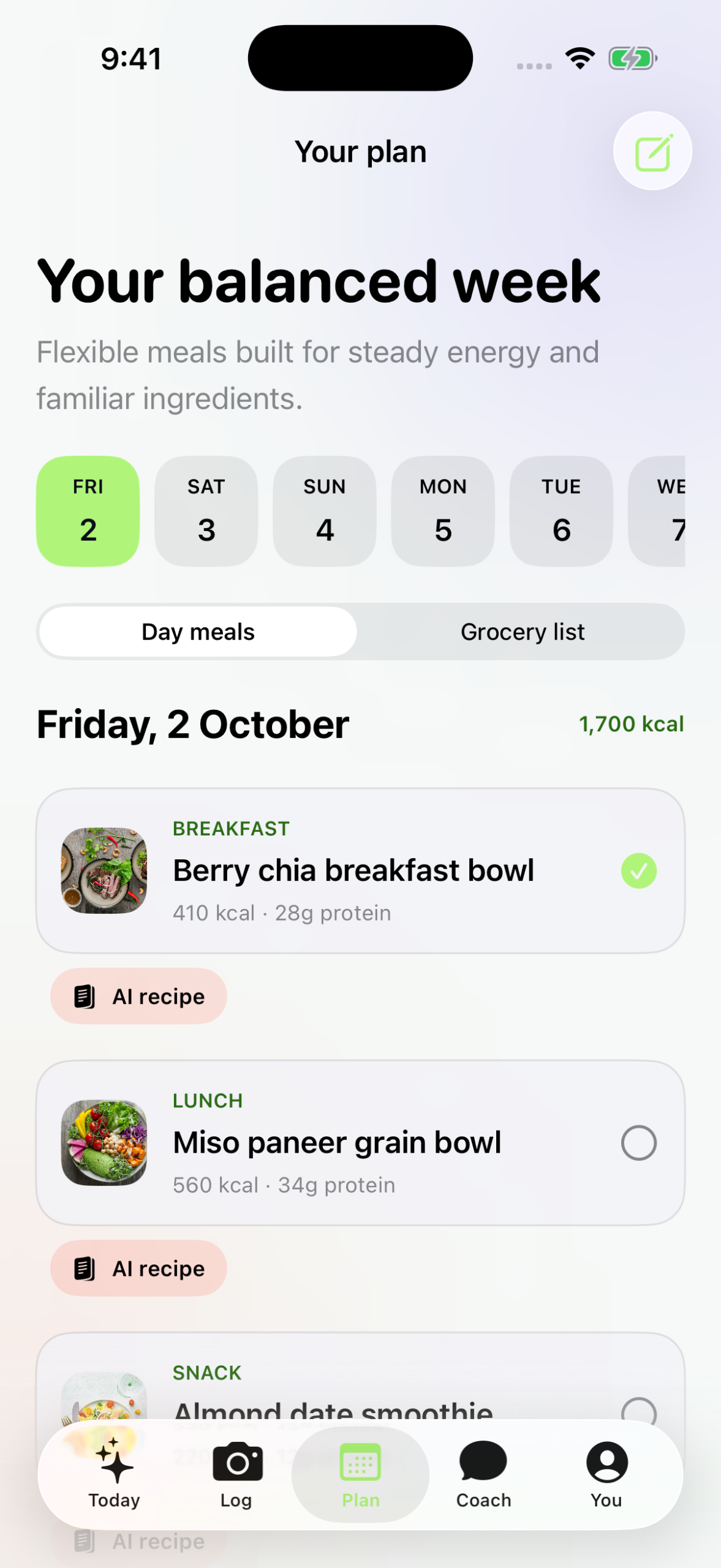 My Diet Plan AI Plan tab showing a balanced week with breakfast, lunch and snack for Friday 2 October