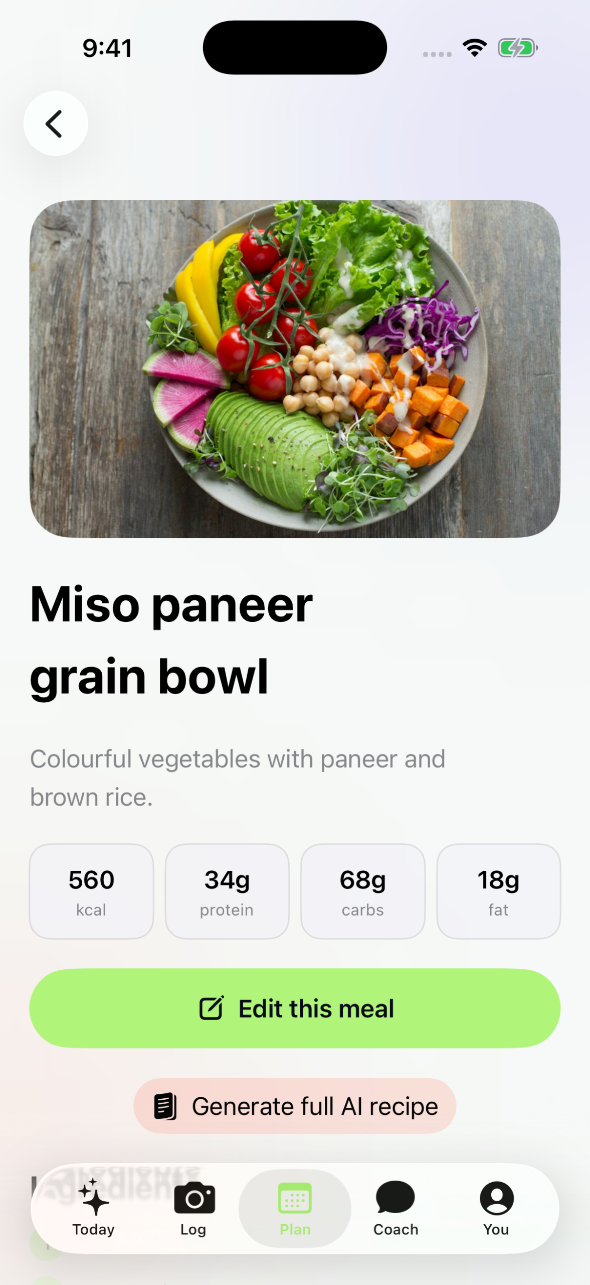 My Diet Plan AI meal detail screen with calories, protein and ingredient information