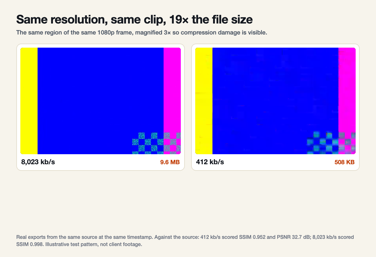Two magnified regions of the same 1080p frame: the 8,023 kb/s export keeps fine detail, while the 412 kb/s export is smeared into blocky colour patches