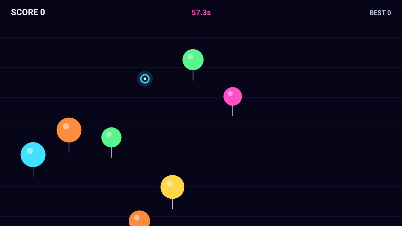 PlayByHand Balloon Blitz source rendering showing coloured targets and an input pointer