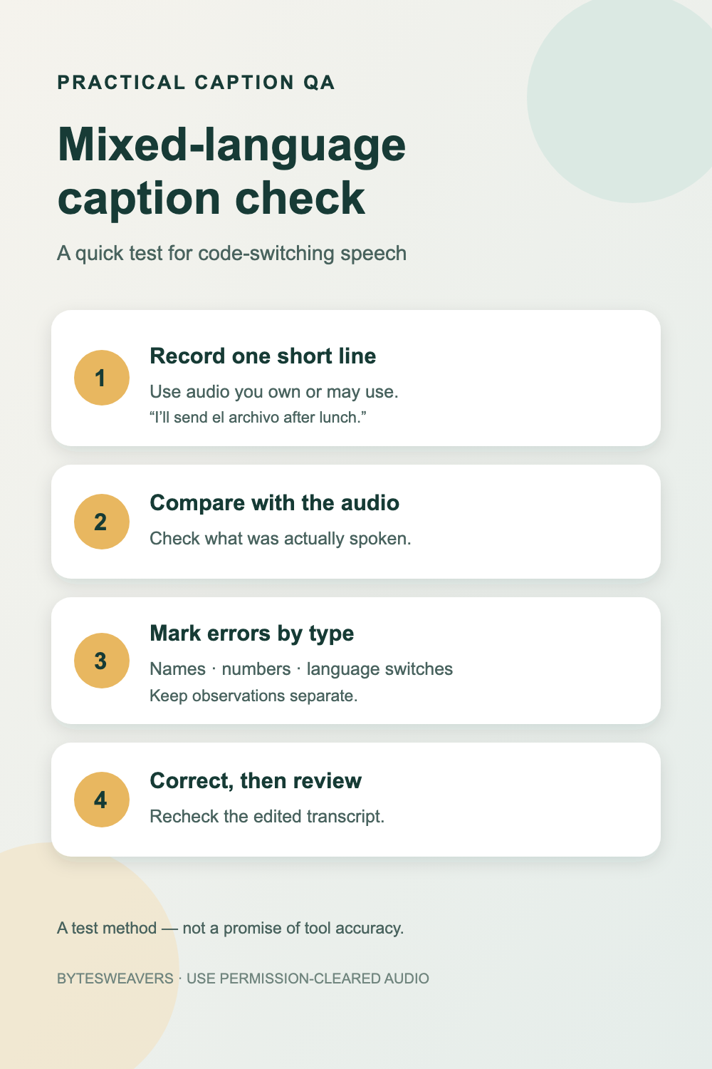 Four-step checklist for testing mixed-language captions: record one short line, compare with the audio, mark errors by type, correct and review