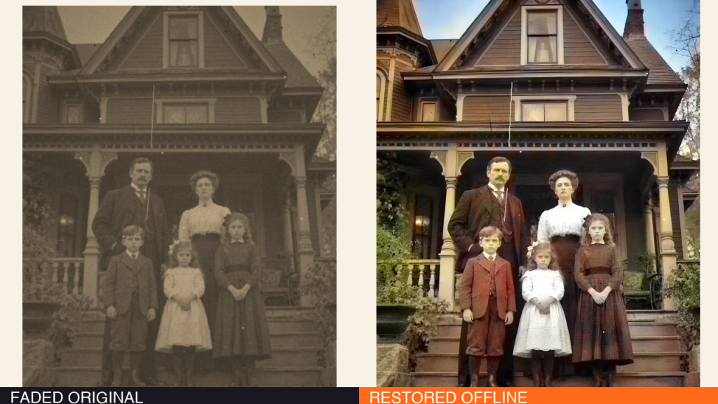 Before and after: a faded old family photo restored offline with 4x upscale and colour.