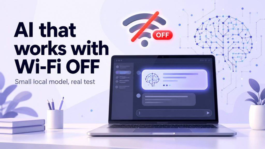 Illustration of a laptop chat with a crossed-out Wi-Fi icon and the text AI that works with Wi-Fi OFF