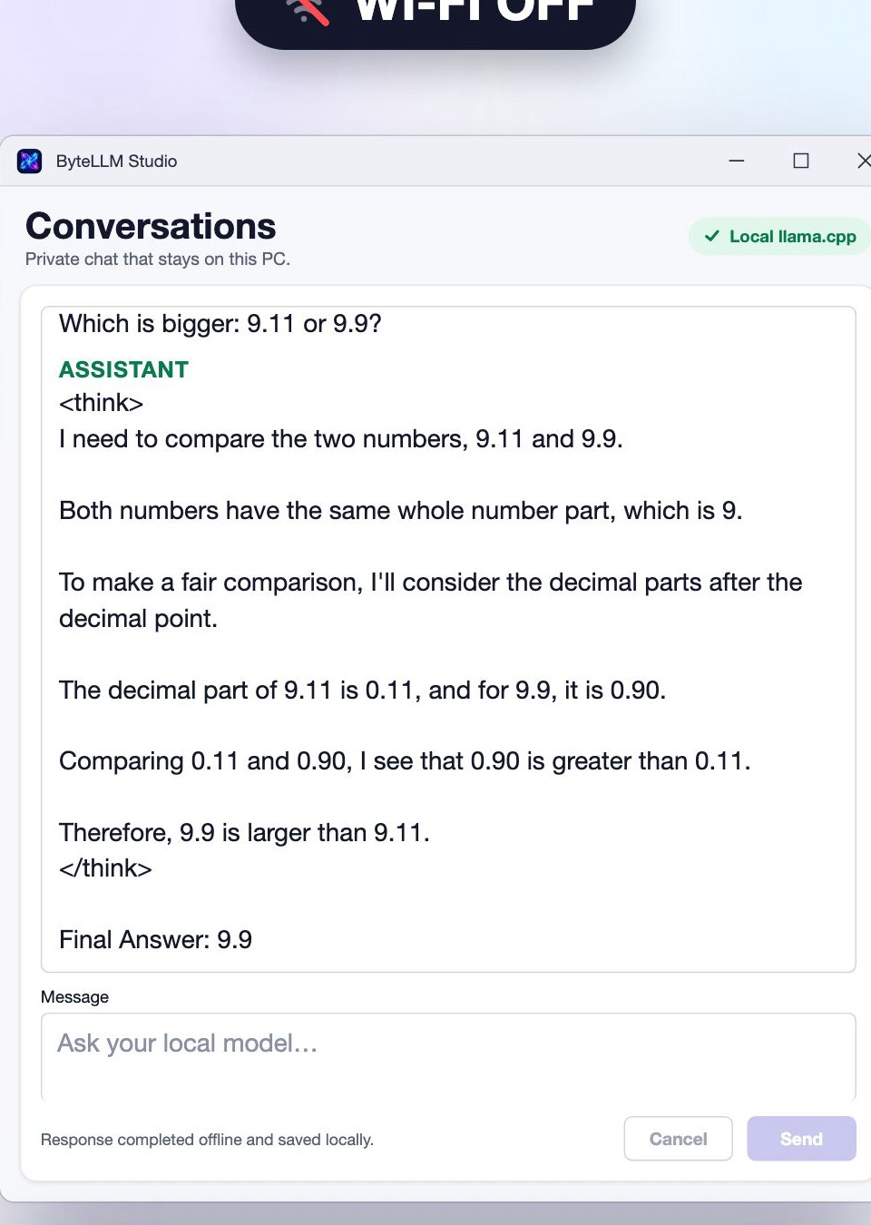 ByteLLM Studio chat screen showing a small DeepSeek-R1 model reasoning that 9.9 is larger than 9.11