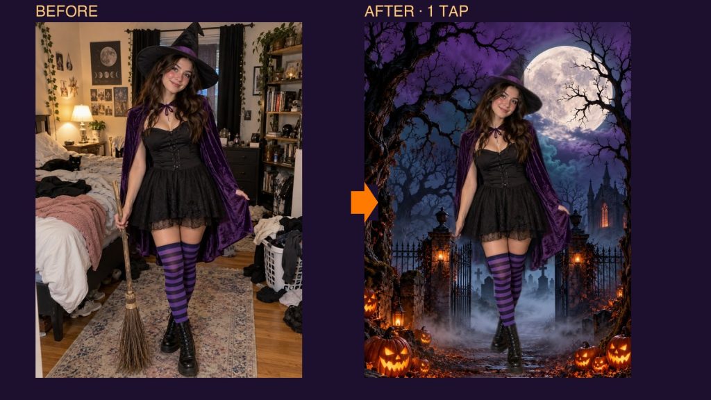 Before and after: witch costume photo in a messy room, then the cutout in a spooky graveyard scene