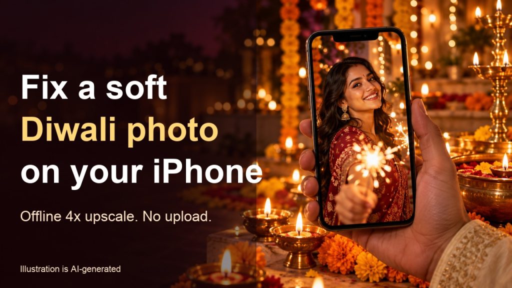 Diwali-themed illustration: hand holding an iPhone showing a sharp portrait among diyas and marigolds, headline Fix a soft Diwali photo on your iPhone.