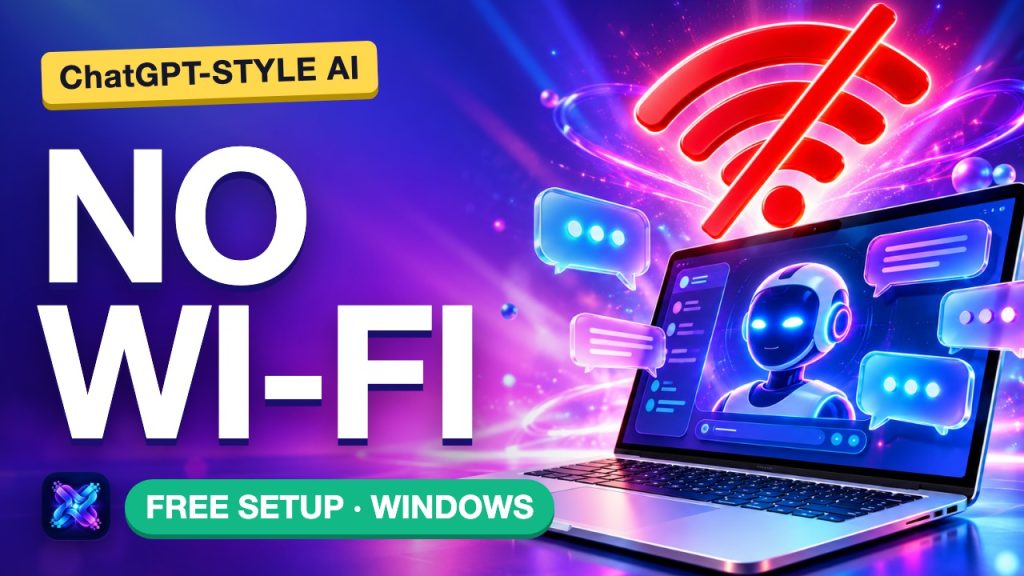 Laptop with chat bubbles and a crossed-out Wi-Fi symbol: run a ChatGPT-style AI offline on Windows
