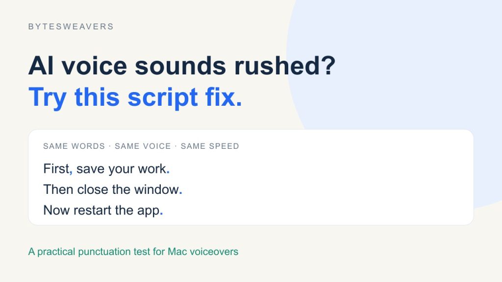 AI voiceover sounds rushed: punctuation and shorter sentences, tested with the same voice and speed.